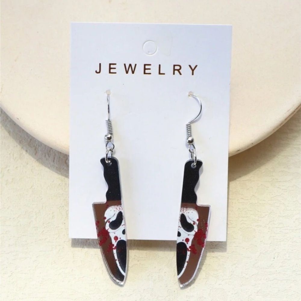 3for$20 1 Pair Women Halloween Ghost Skull Face Print Acrylic Knife-Shaped